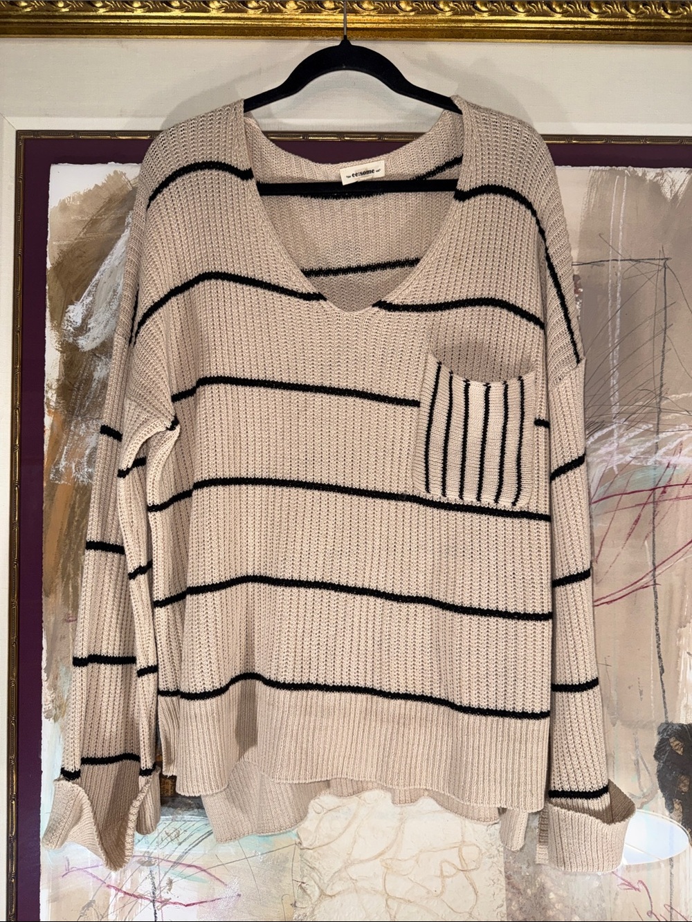 eesome Beige and Black Striped V-Neck Pocket Sweater